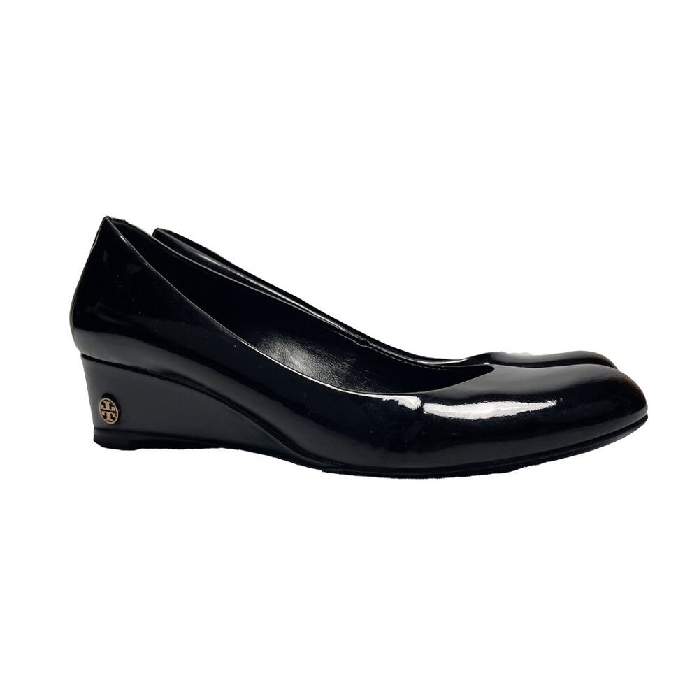 TORY BURCH Annelise Balletcore Preppy Black Patent Leather Wedge Heels